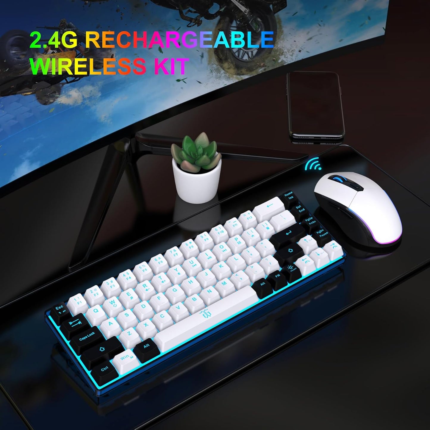 Snpurdiri 60% Wireless Gaming Keyboard and Mouse Combo,Ice Blue Backlit Rechargeable 2000mAh Battery,Mini Mechanical Feel Anti-ghosting Keyboard + Popular RGB Mice for Gaming, Office(White-Black)