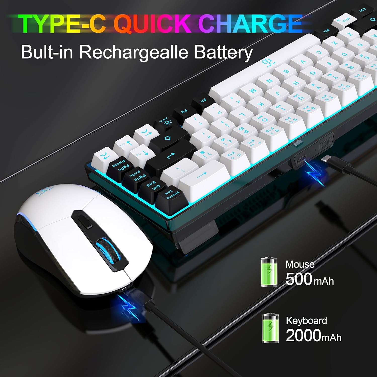 Snpurdiri 60% Wireless Gaming Keyboard and Mouse Combo,Ice Blue Backlit Rechargeable 2000mAh Battery,Mini Mechanical Feel Anti-ghosting Keyboard + Popular RGB Mice for Gaming, Office(White-Black)