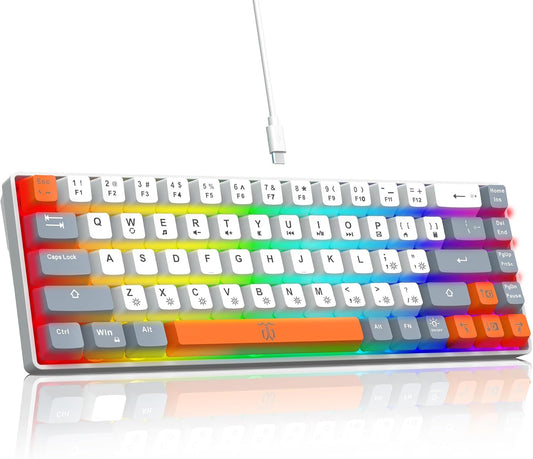 Snpurdiri 60% Percent Gaming Keyboard, Ergonomic Compact RGB Backlit Small Gaming Keyboard for Windows, PC, Laptop (68 Keys, White-Grey-Orange)