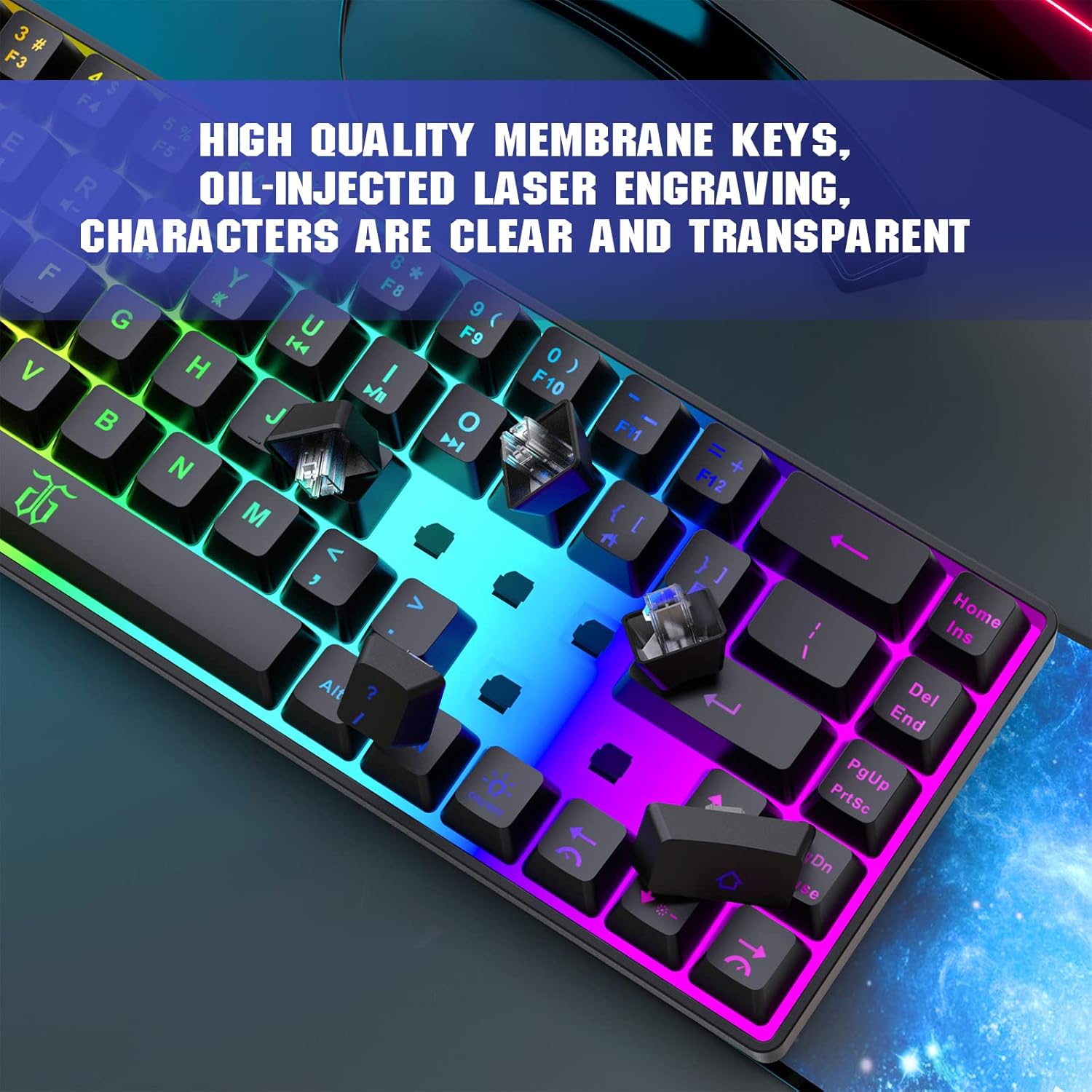 Snpurdiri 60% Gaming Keyboard, Rainbow Backlit Mini Membrane Keyboard for Windows PC Gamers(68 Keys, Black Rainbow)