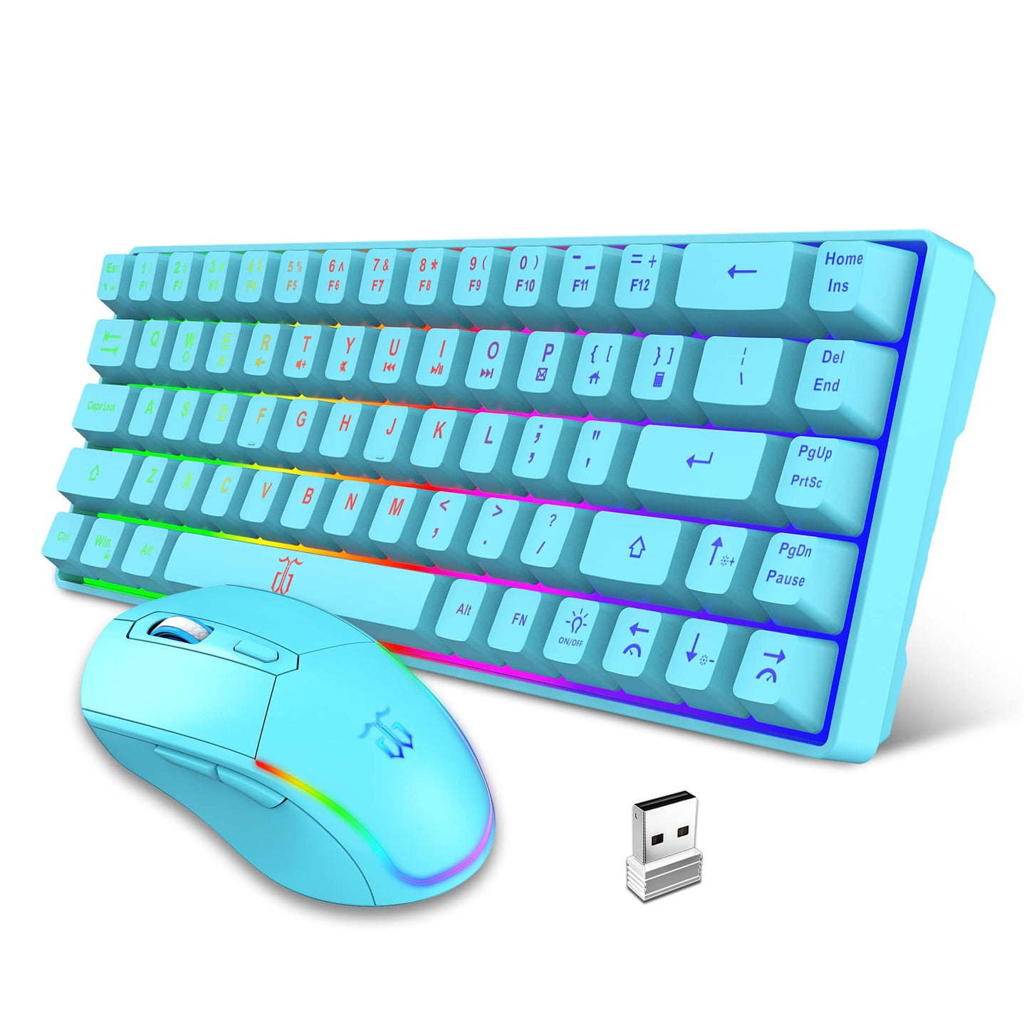 Snpurdiri 60% Wireless Gaming Keyboard and Mouse Combo,Ice Blue Backlit Rechargeable 2000mAh Battery,Mini Mechanical Feel Anti-ghosting Keyboard + Popular RGB Mice for Gaming, Office(White-Black)