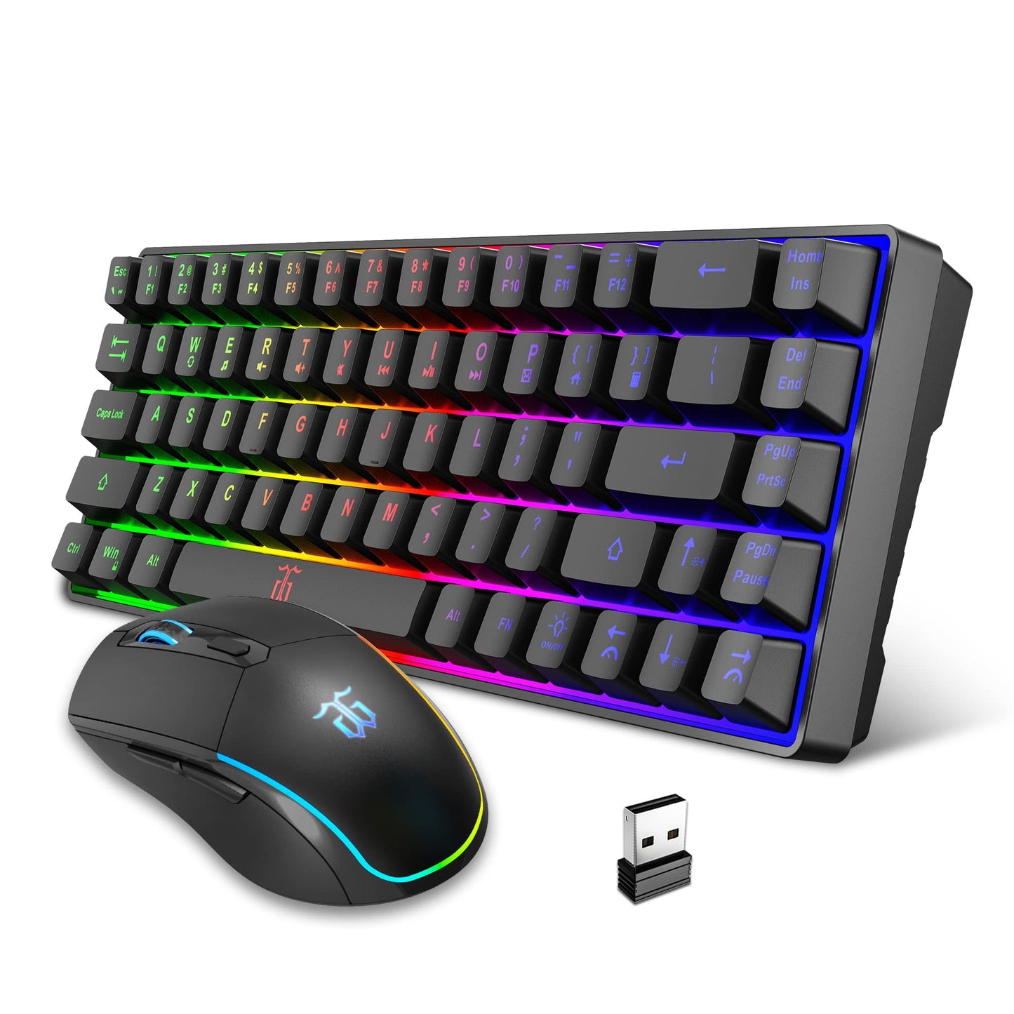 Snpurdiri 60% Wireless Gaming Keyboard and Mouse Combo,Ice Blue Backlit Rechargeable 2000mAh Battery,Mini Mechanical Feel Anti-ghosting Keyboard + Popular RGB Mice for Gaming, Office(White-Black)