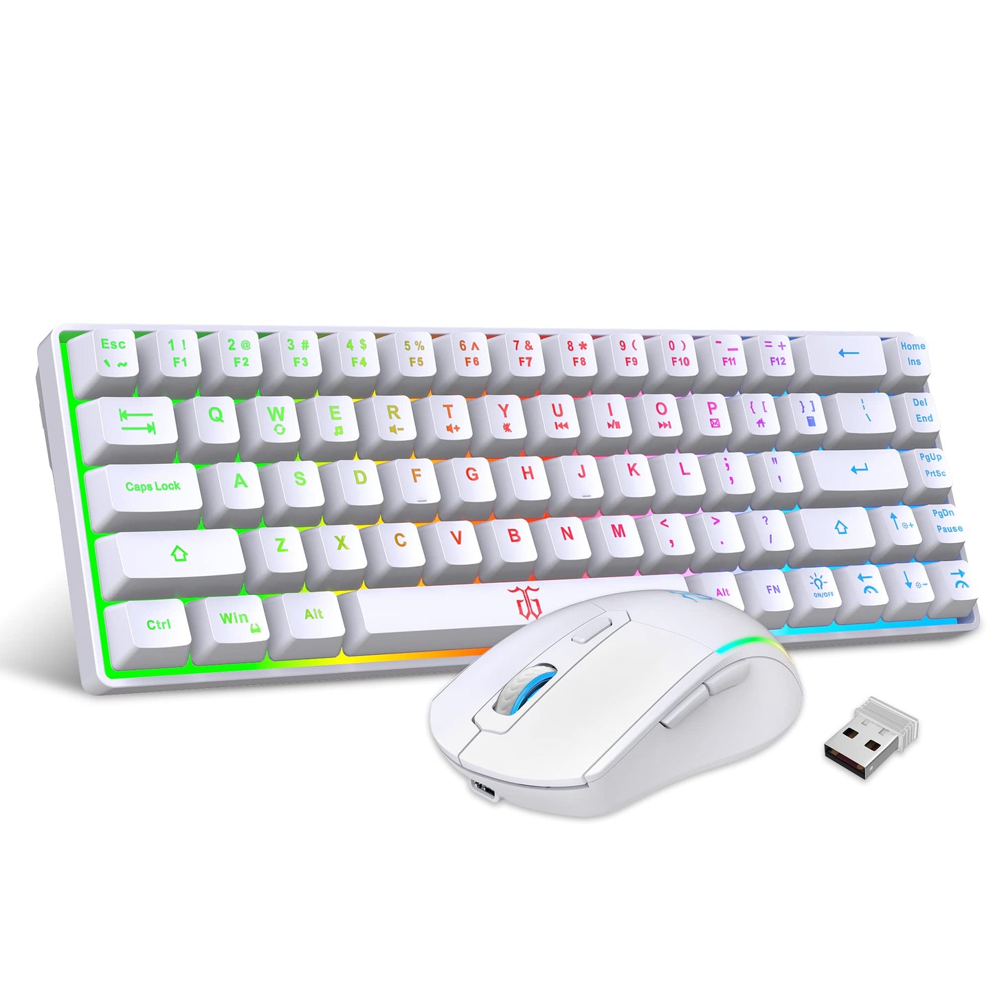 Snpurdiri 60% Wireless Gaming Keyboard and Mouse Combo,Ice Blue Backlit Rechargeable 2000mAh Battery,Mini Mechanical Feel Anti-ghosting Keyboard + Popular RGB Mice for Gaming, Office(White-Black)