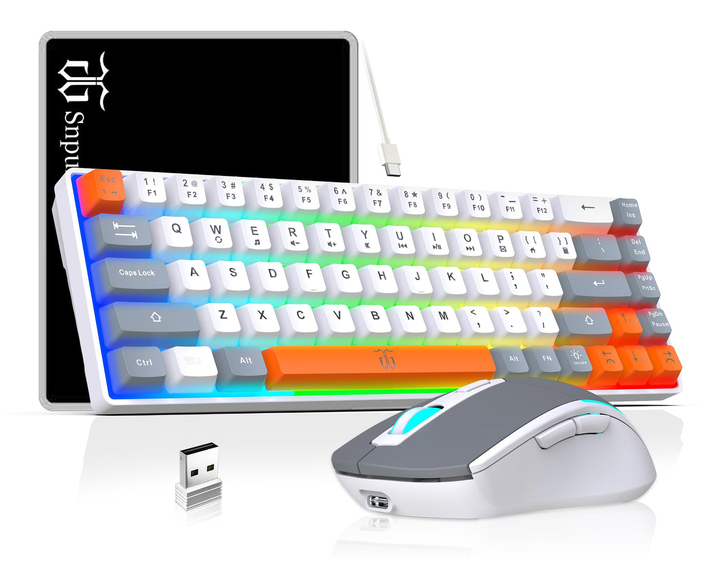 Snpurdiri 60% Wireless Gaming Keyboard and Mouse Combo,Ice Blue Backlit Rechargeable 2000mAh Battery,Mini Mechanical Feel Anti-ghosting Keyboard + Popular RGB Mice for Gaming, Office(White-Black)