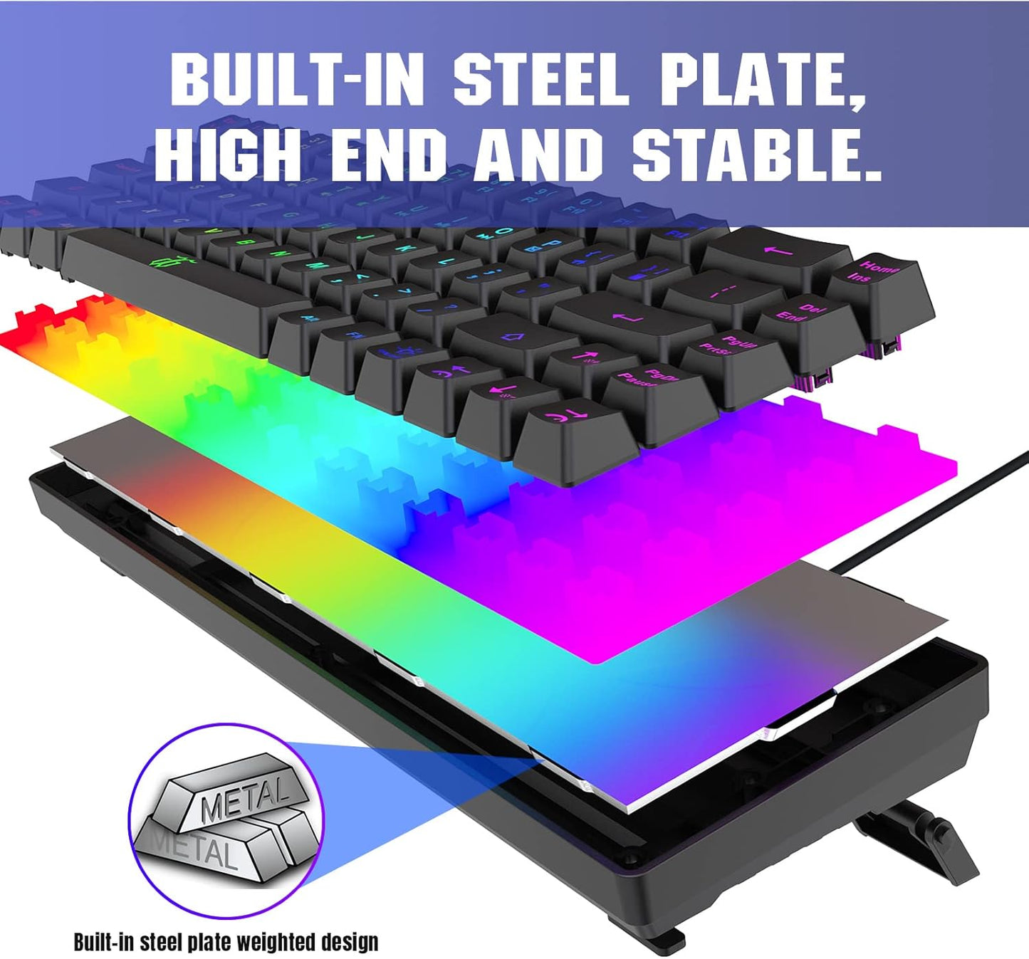 Snpurdiri 60% Gaming Keyboard, Rainbow Backlit Mini Membrane Keyboard for Windows PC Gamers(68 Keys, Black Rainbow)