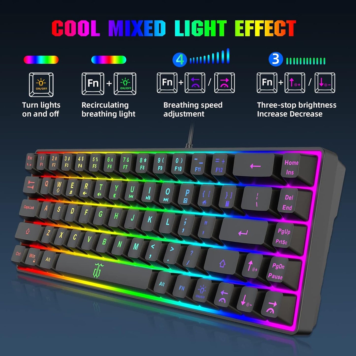 Snpurdiri 60% Gaming Keyboard, Rainbow Backlit Mini Membrane Keyboard for Windows PC Gamers(68 Keys, Black Rainbow)