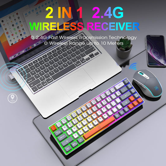 Snpurdiri 60% Wireless Gaming Keyboard and Mouse Combo,Rainbow Backlit Rechargeable 2000mAh Battery,Mini Mechanical Feel Keyboard +Popular RGB Mice for Gaming,Business Office(Gray-White-Orange)