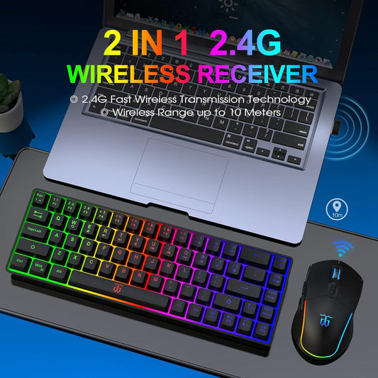 Snpurdiri 60% Wireless Gaming Keyboard and Mouse Combo,LED Backlit Rechargeable 2000mAh Battery,Small Membrane But Mechanical Feel Keyboard + Popular RGB Mice for Gaming,Business Office