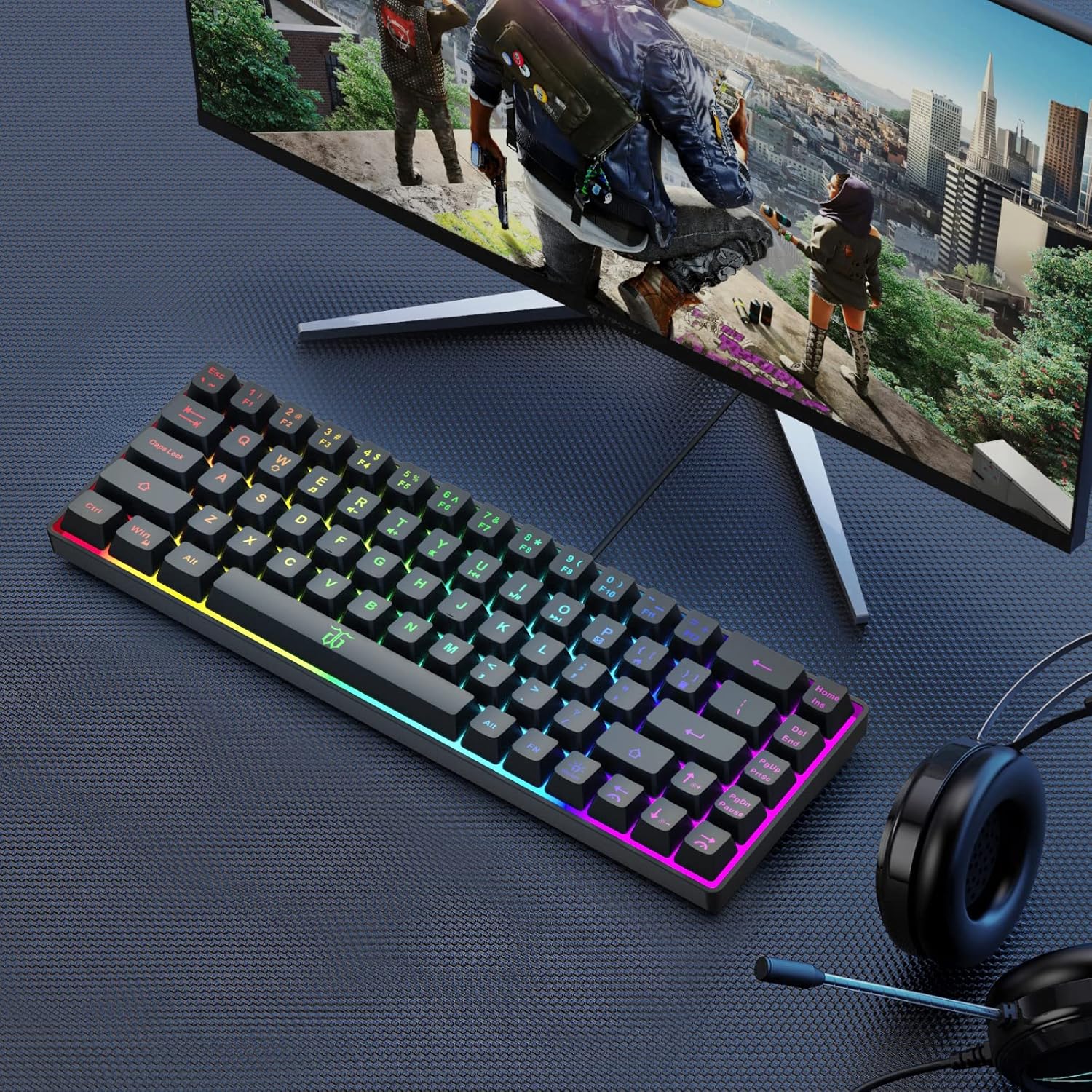 Snpurdiri 60% Gaming Keyboard, Rainbow Backlit Mini Membrane Keyboard for Windows PC Gamers(68 Keys, Black Rainbow)